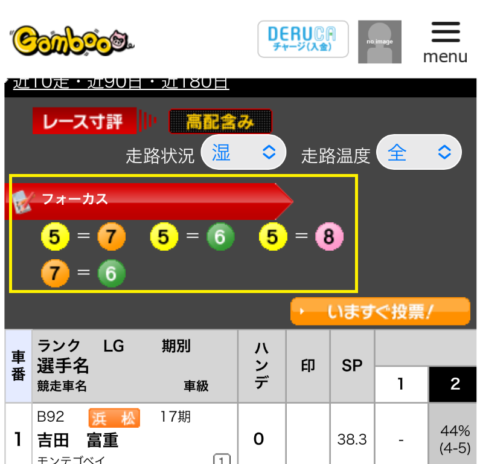 「フォーカス」でおすすめの2車複の買い目が表示される