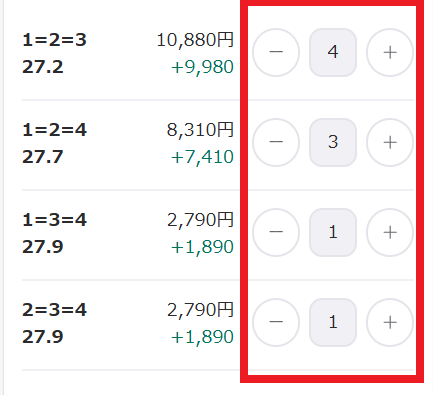 1つの買い目ごとに賭け金額を調整できる