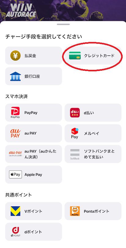 投票サービス『ウィンチケット』のチャージ画面