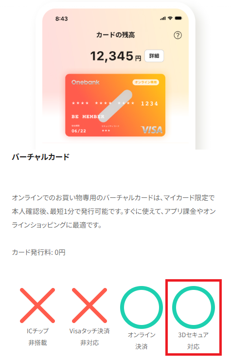 バーチャルカードも、3Dセキュアの設定が可能
