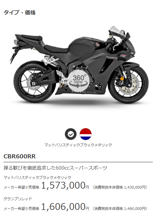 ホンダのCBR600RRの新車価格を見ると160万円程度