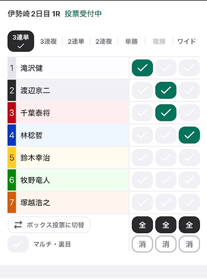 ネット投票アプリ（ウィンチケット）のオートレース投票画面